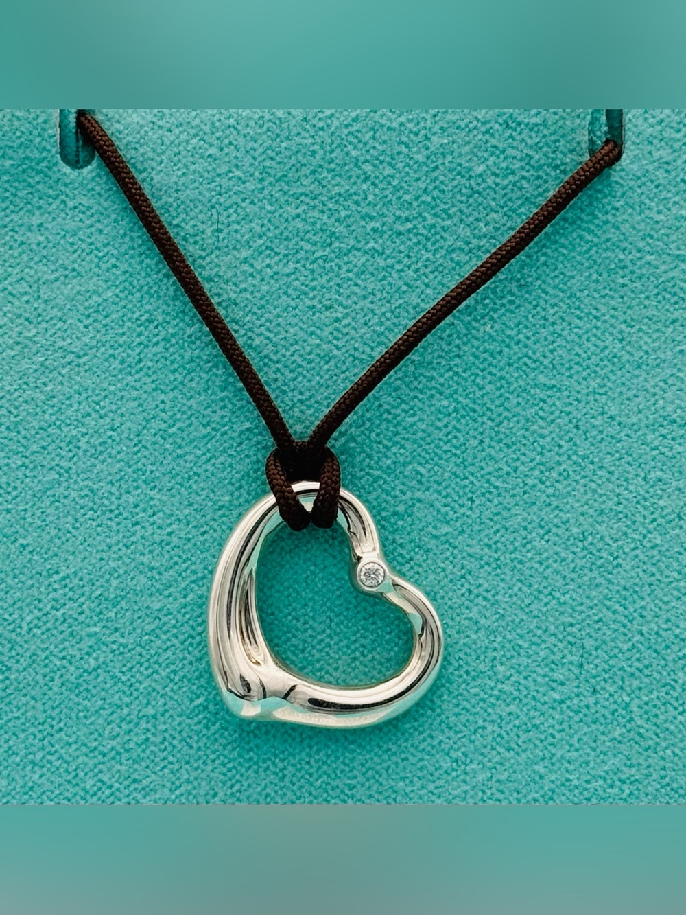 Tiffany & Co 22mm Elsa Peretti Diamond open heart Brown Silk Cord Necklace 16”